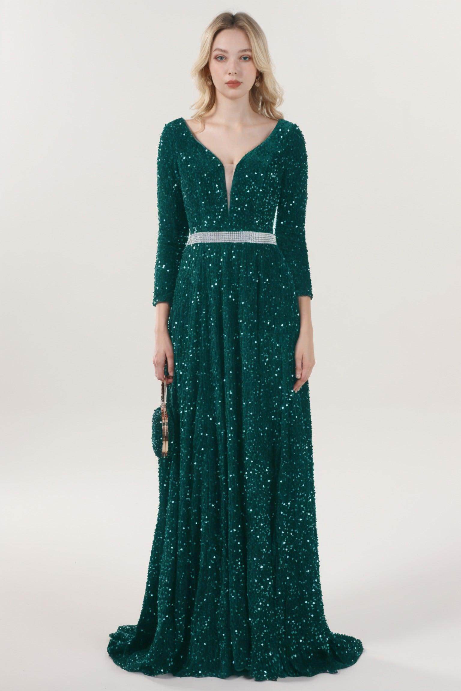 A-Line Sweep-Brush Train Velvet Sequin Bridesmaid Dress CS0636BM - COCOMELODY